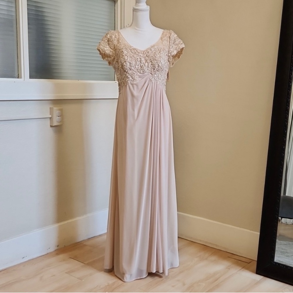 Size 14 champagne MACY dress by Azazie worn, has alterations and dry cleaned